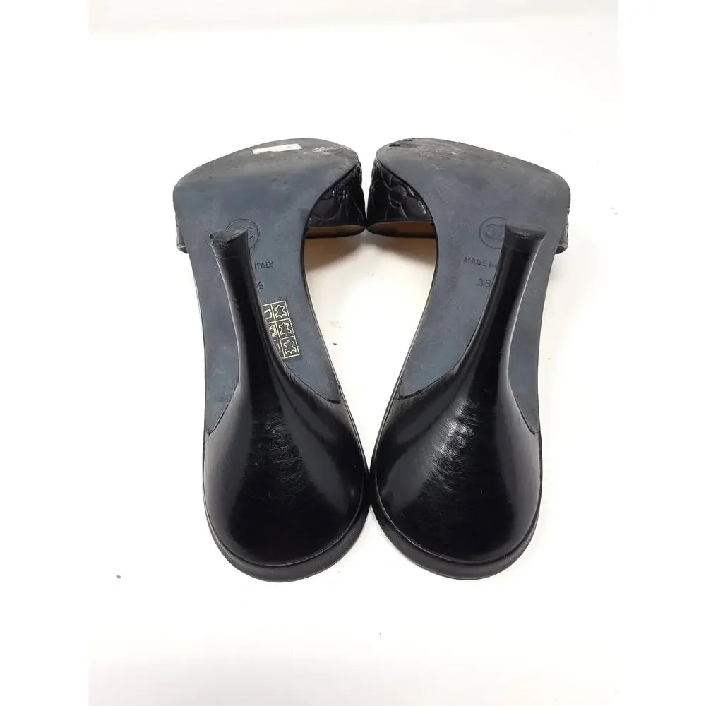 Chanel Vintage Camellia Flower Leather Mules Black Open Toe Heels CC Logo 38.5 8